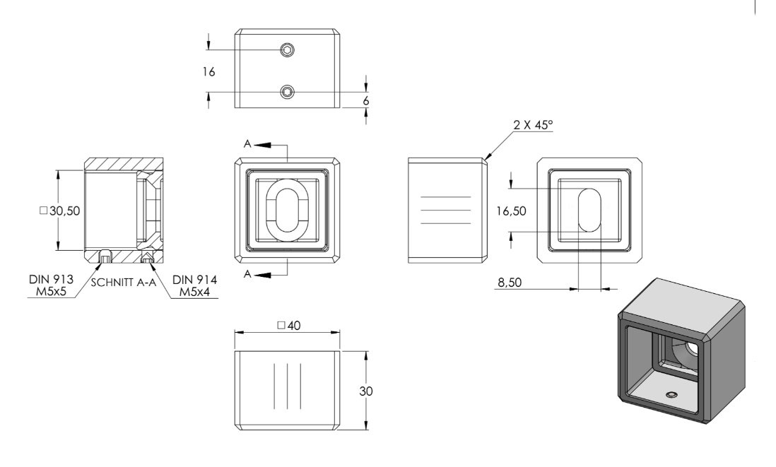 Zeichnung Wandbefestigung für Rohr 30 x 30 mm