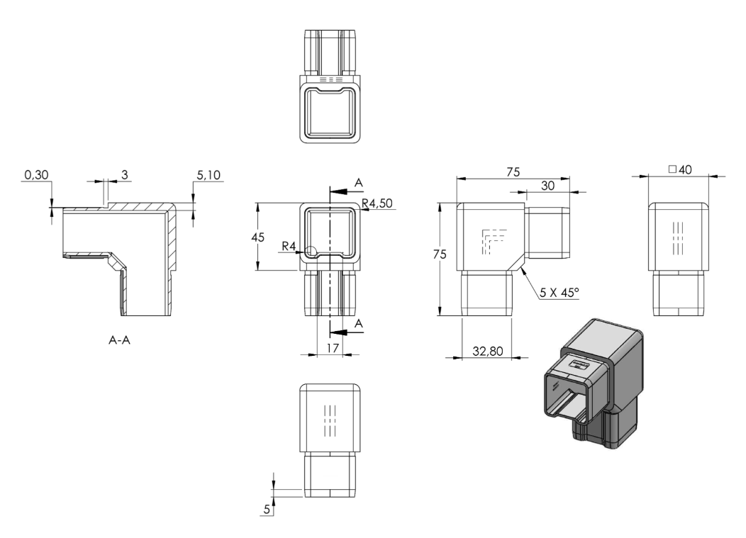 Zeichnung Quadratrohr-Verbinder für Rohr 40 x 40 x 3,0 mm