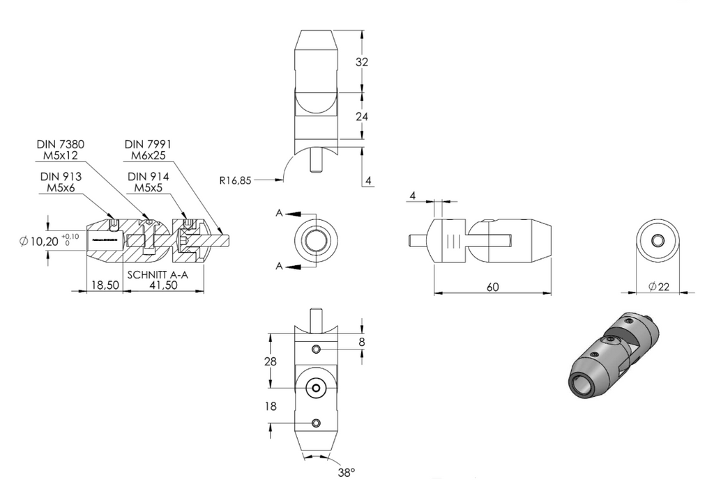 Zeichnung Querstabhalter mit Anschluss Ø 33,7 mm mit Bohrung Ø 10,2 mm