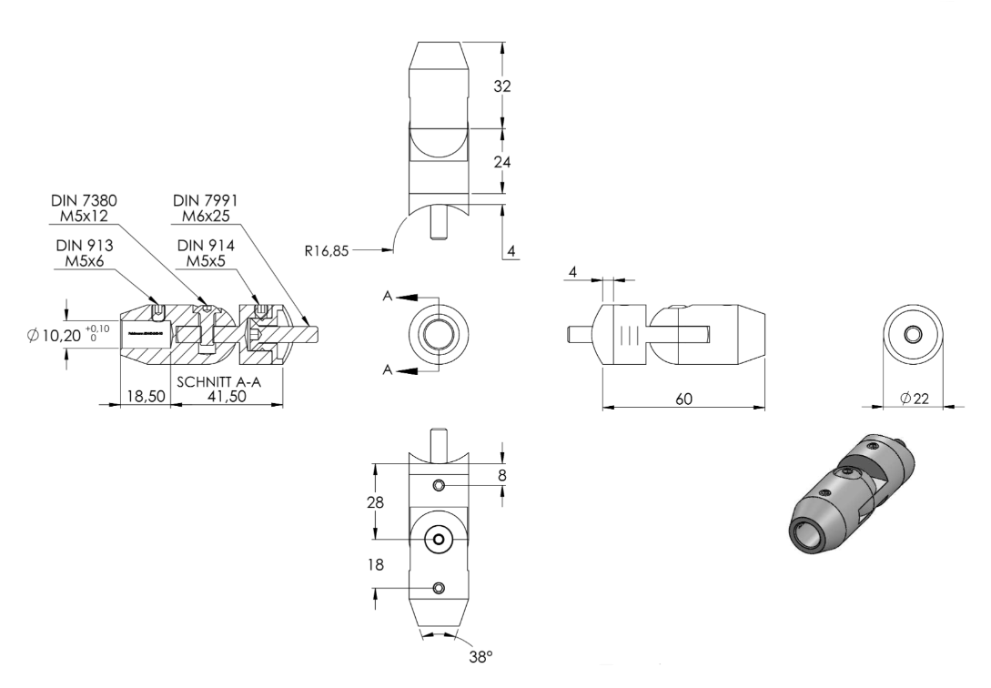 Zeichnung Querstabhalter mit Anschluss Ø 33,7 mm mit Bohrung Ø 10,2 mm