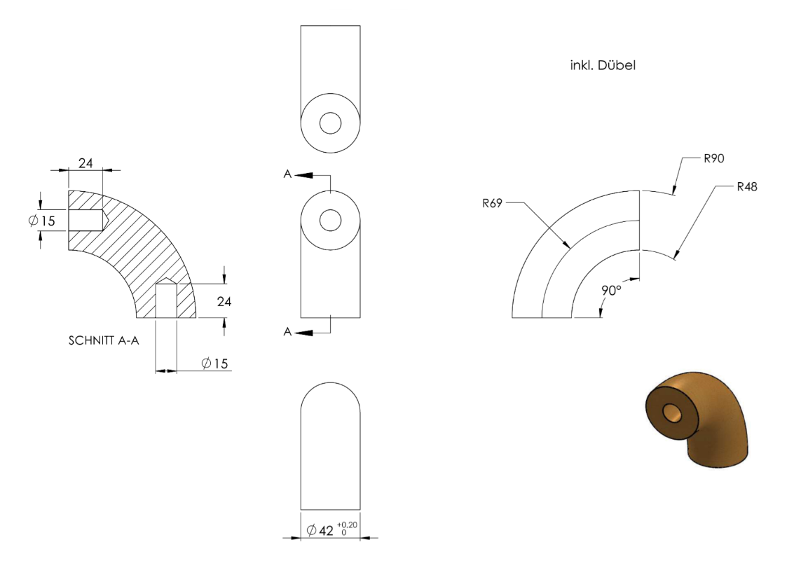 90° Bogen für Holzhandlauf Buche,  Ø 42 mm, geschliffen und lackiert, für den Innenbereich