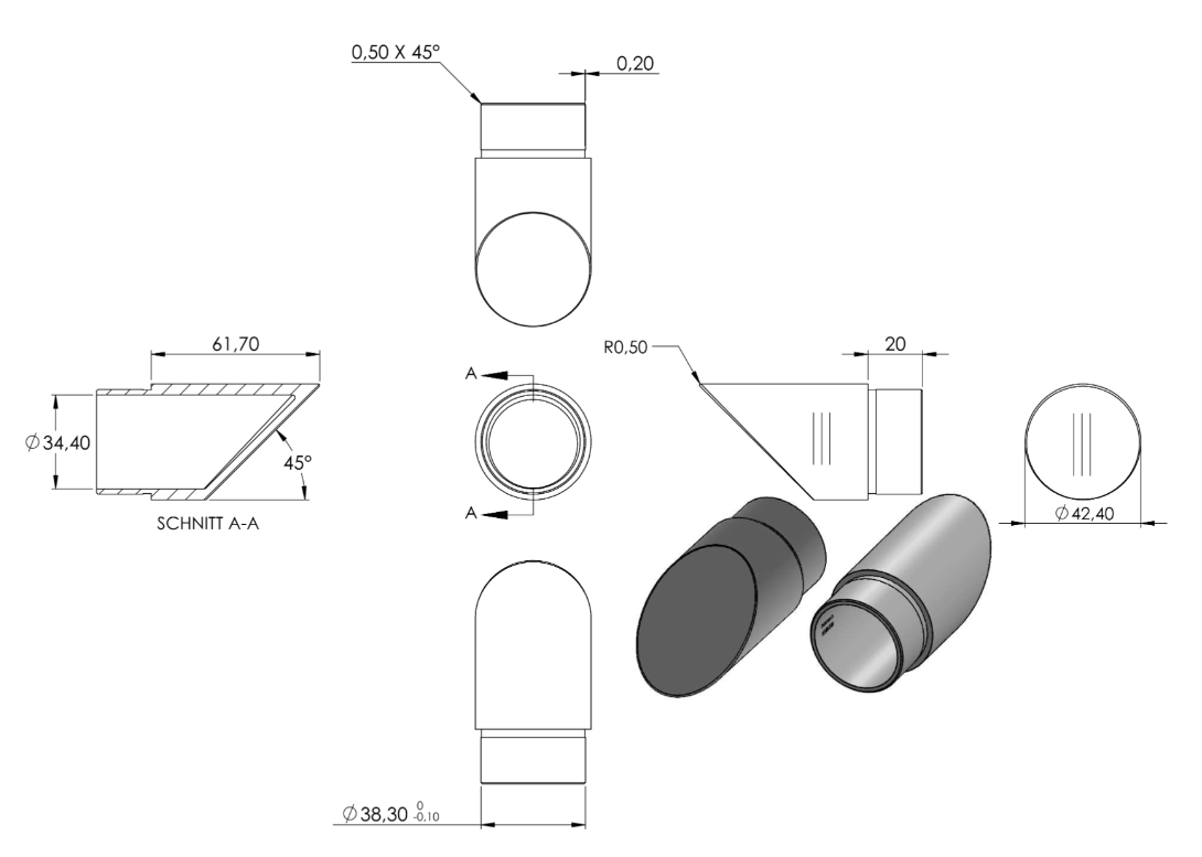 Zeichnung Endstück für  Rohr Ø 42,4 x 2,0 mm