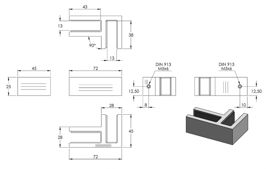 Glasverbinder 90°, für Glasstärke 12.00 - 12.76 mm, V4A