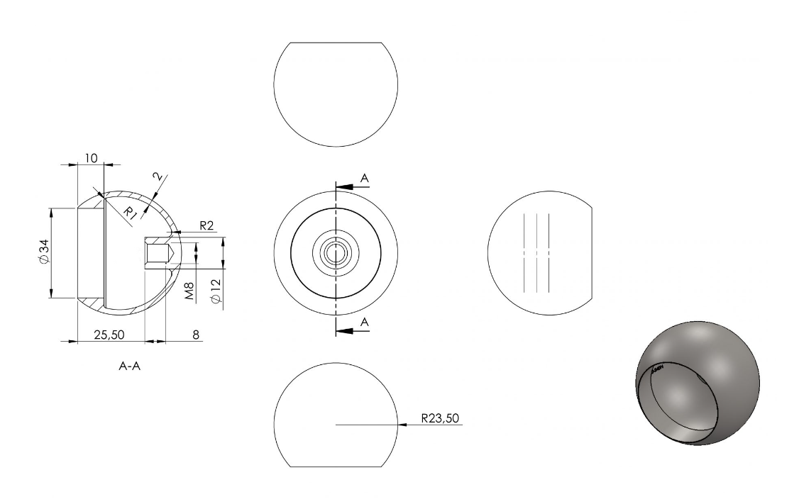 Zeichnung Rohrabschlusskugel für Rohr Ø 33,7 mm