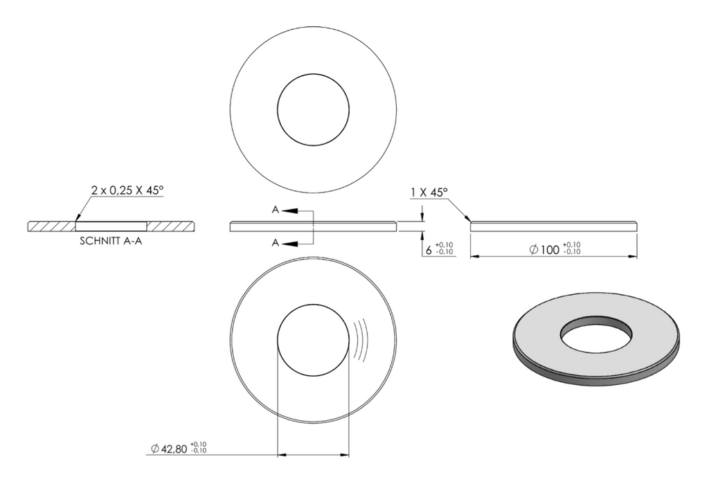 Zeichnung Ankerplatte Ø 100 x 6 mm, Mittelbohrung Ø 42,4 mm
