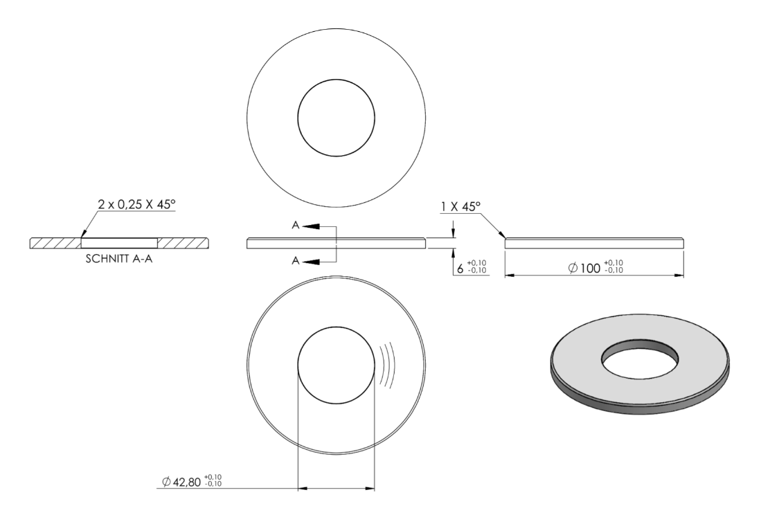 Zeichnung Ankerplatte Ø 100 x 6 mm, Mittelbohrung Ø 42,4 mm