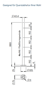 Edelstahlpfosten zur Bodenmontage, Länge 880mm, 4 x M6 Fließformgewinde, V2A
