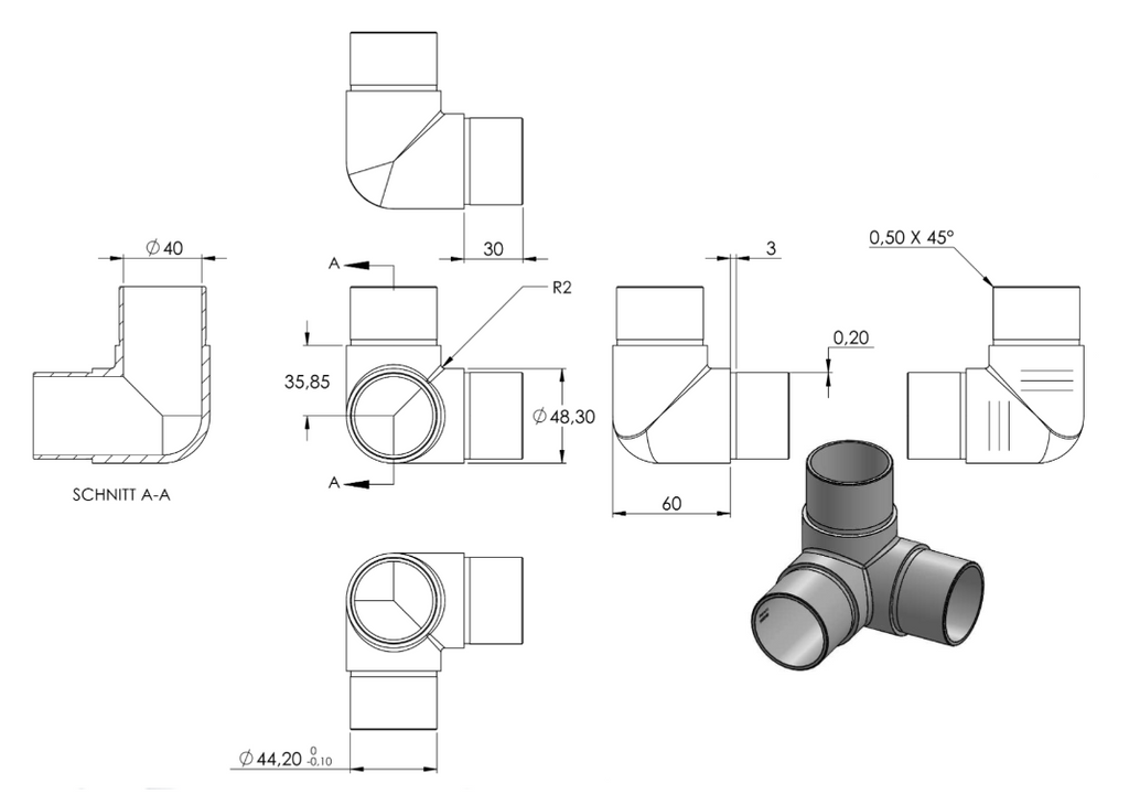 Zeichnung Eckstück für Rohr Ø 48,3 x 2,0 mm
