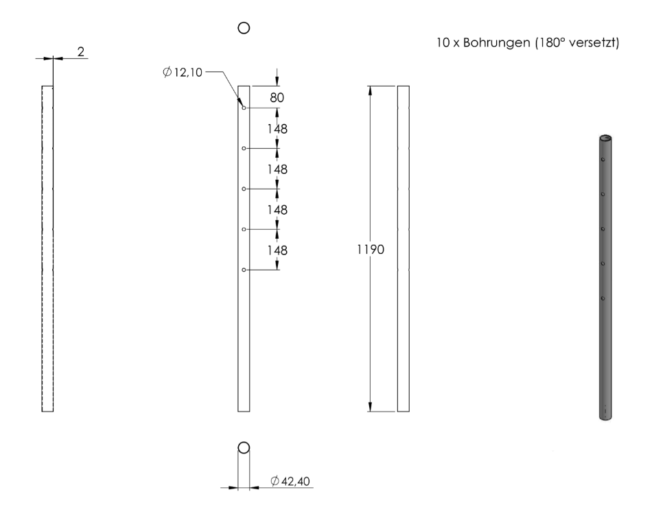 Edelstahlpfosten, mit 5 Durchgangsbohrungen (Mittelpfosten), V2A