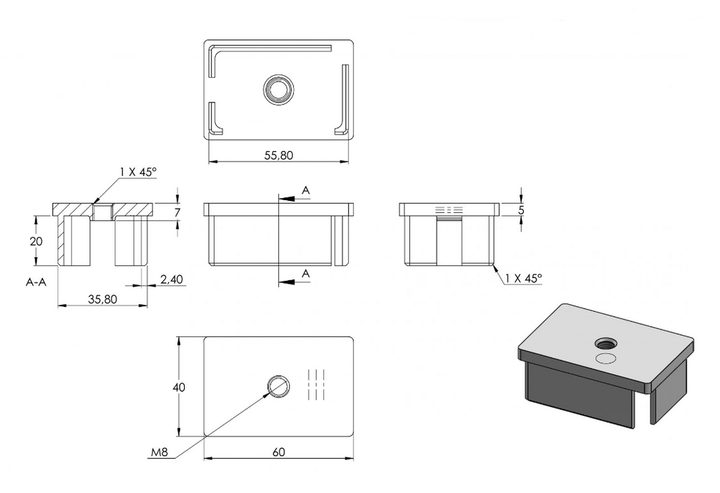 Zeichnung Rohrabschlussstopfen für Rohr 60 x 40 x 2,0 mm