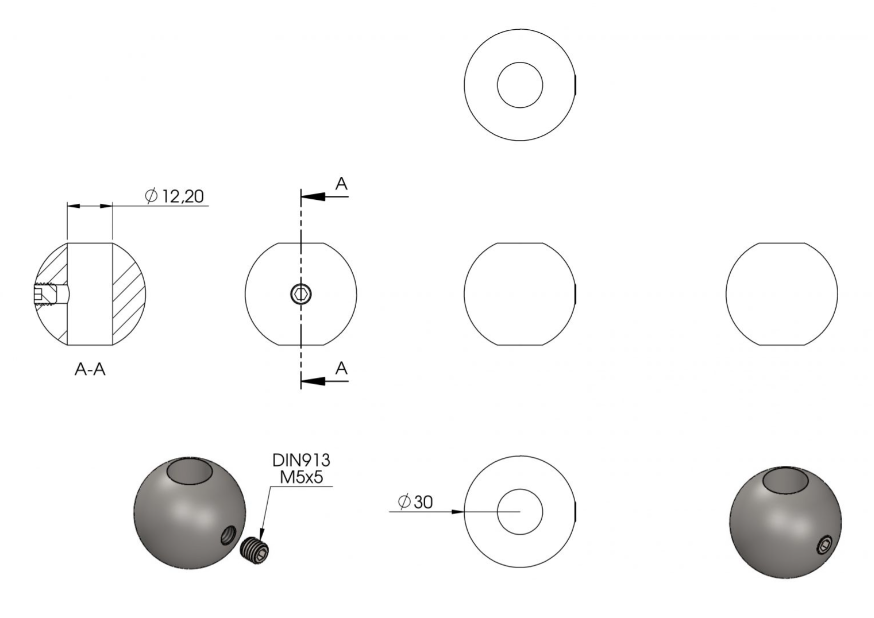 Zeichnung Vollkugel Ø 30 mm mit Gewinde M6 für Madenschraube