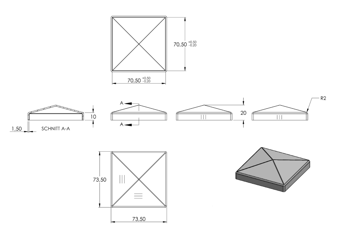 Zeichnung Pyramidenkappe für Rohr 70 x 70 mm