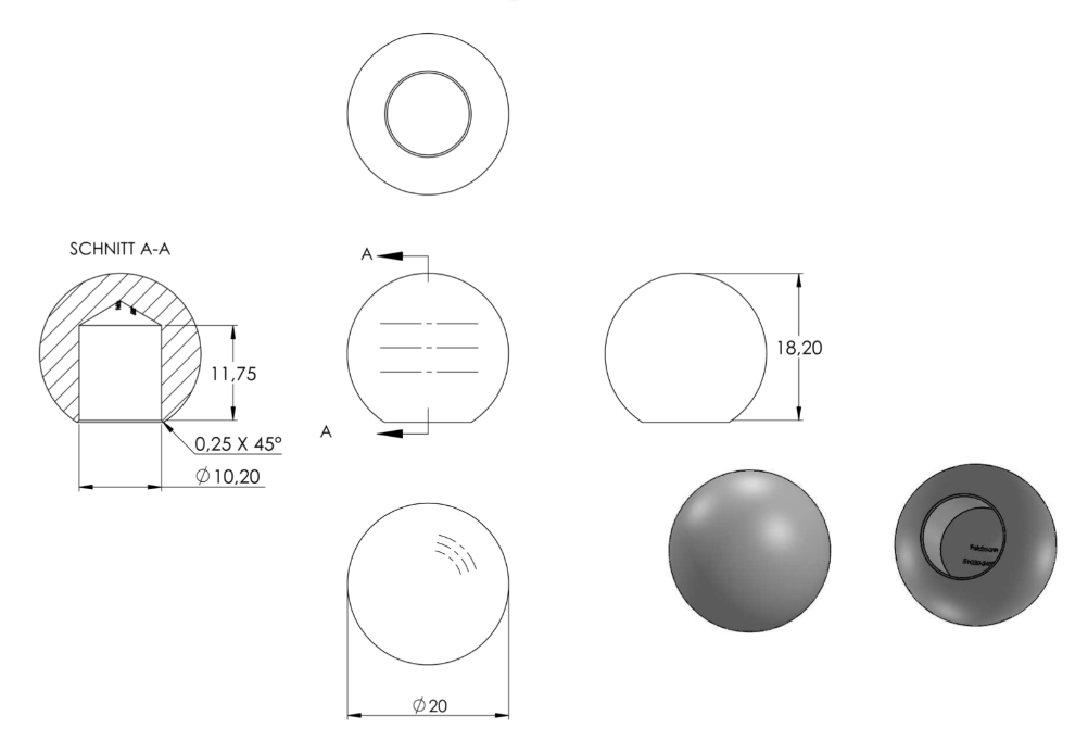 Zeichnung Vollkugel Ø 20 mm mit Sackloch Ø 10,2 mm