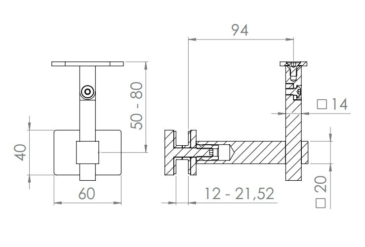 höhenverstellbarer Handlaufhalter für Glas, mit Gelenk und Halteplatte, V4A