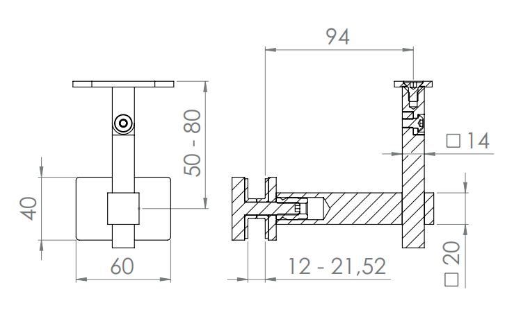 höhenverstellbarer Handlaufhalter für Glas, mit Gelenk und Halteplatte, V4A