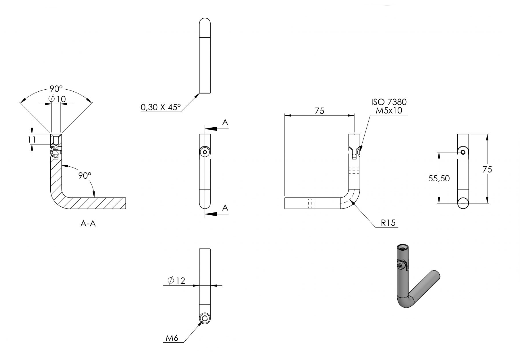 Gelenkbügel Edelstahl, 90° gebogen, 1 x Innengewinde, 1 x flach zum Anschweißen, V2A