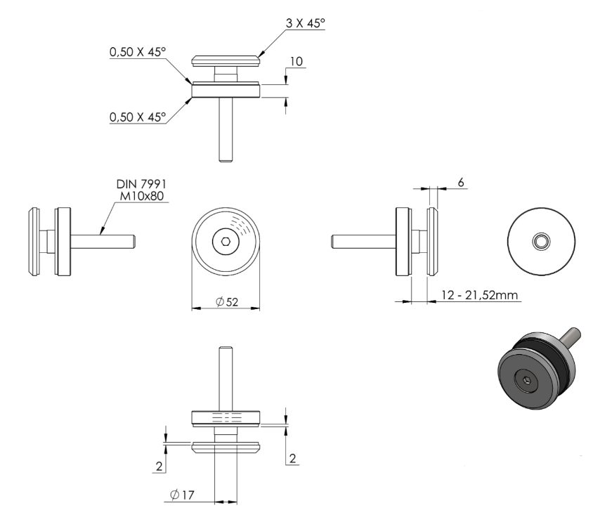 Glaspunkthalter Ø 52 mm mit Schraube, Klemmbereich 6.0 - 21.52 mm, V2A
