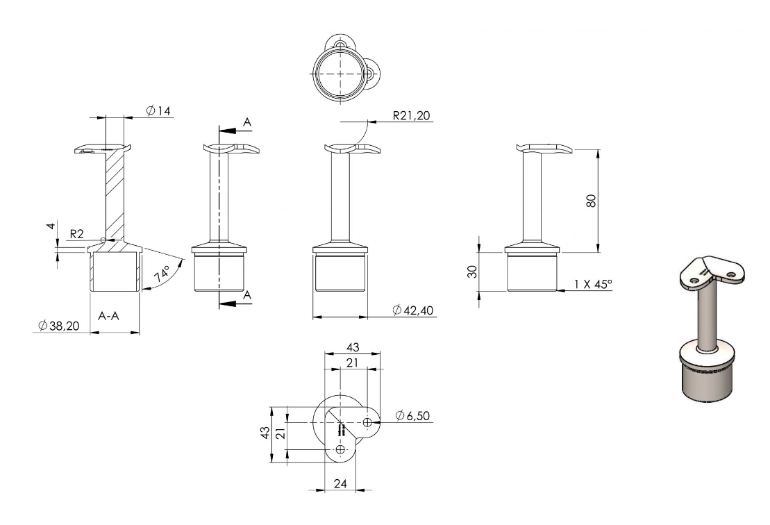 Zeichnung Handlaufstütze für Rohr Ø 42,4 x 2,0 mm