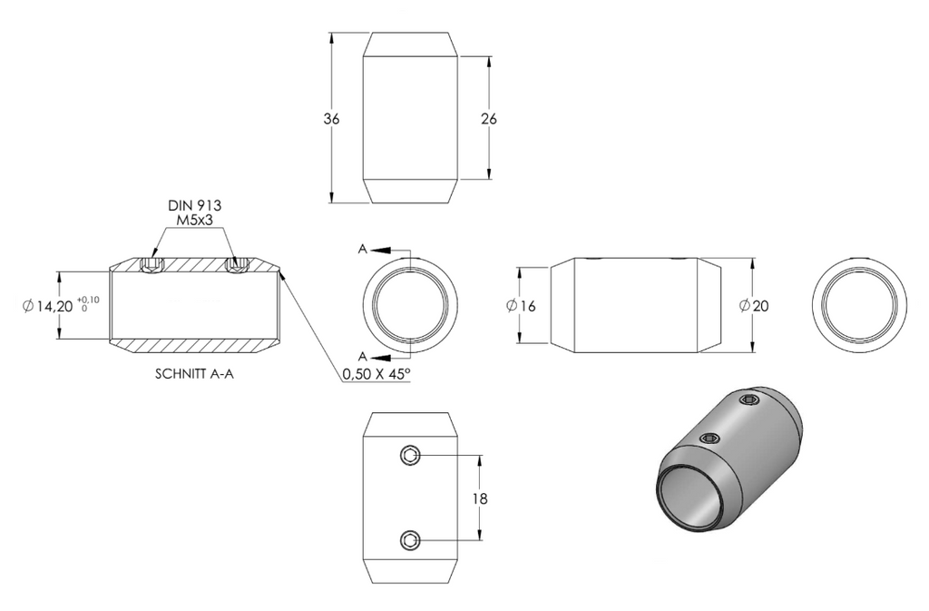 Zeichnung Stabverbinder für Rundstab Ø 14 mm