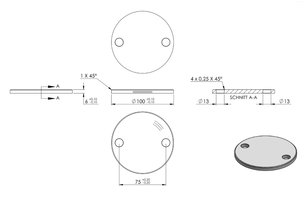 Zeichnung Ankerplatte Ø 100 x 6 mm, Bohrung Ø 13 mm