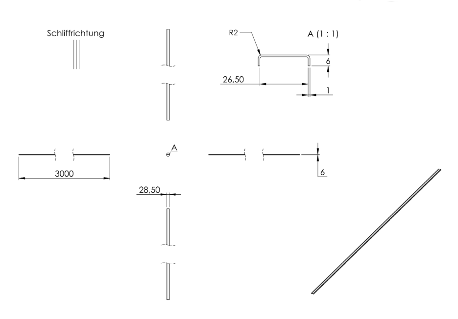 Zeichnung Kantenschutzprofil, Länge 3 m, für Glasstärke 24,00 - 25,52 mm