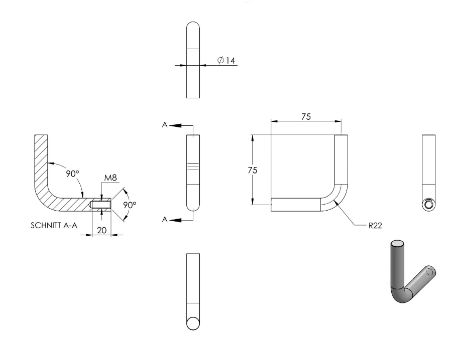 Zeichnung Bügel Ø 14 mm, Gewinde M8 x 20 mm