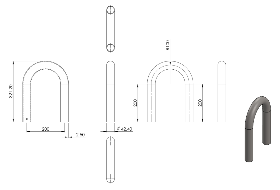 Zeichnung Rohrbogen Ø 42,4 x 2,5 mm, Radiusmitte 100,0 mm