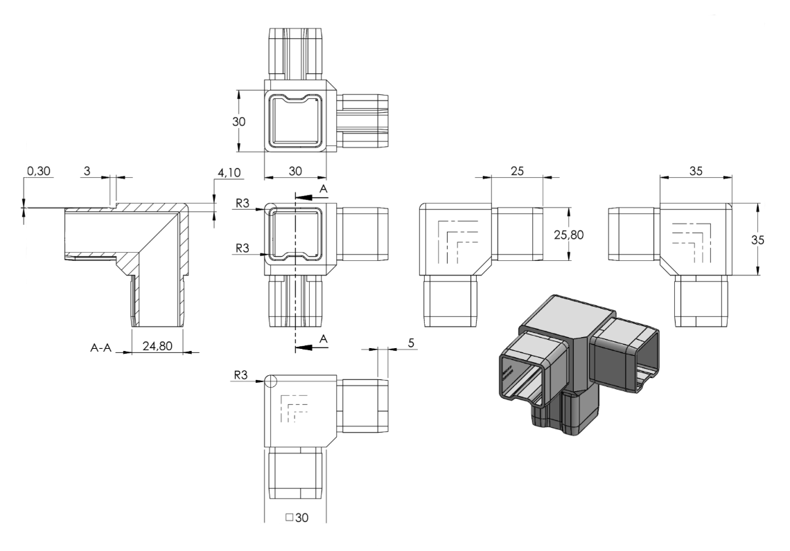 Zeichnung Eck-Verbinder für Quadratrohr 30 x 30 x 2,0 mm