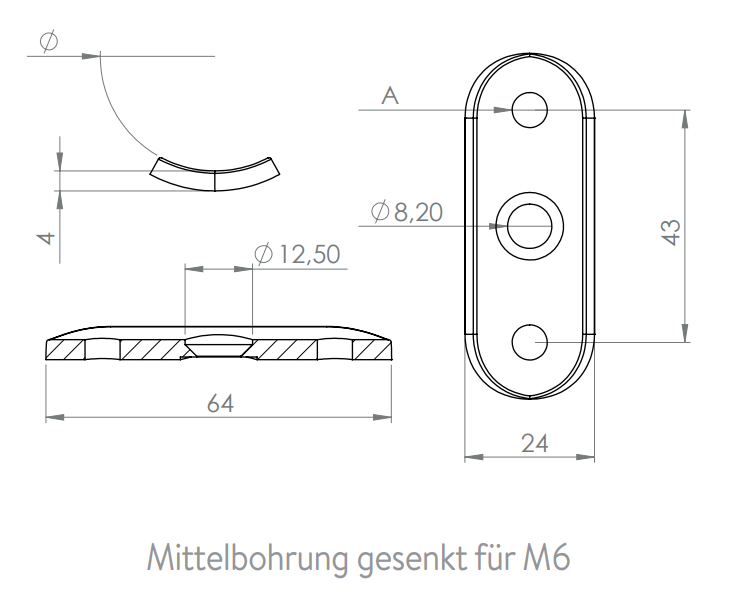 Handlaufanschlussplatte flach / für  Rohr, zum Vernieten / zum Verschrauben, V2A / V4A