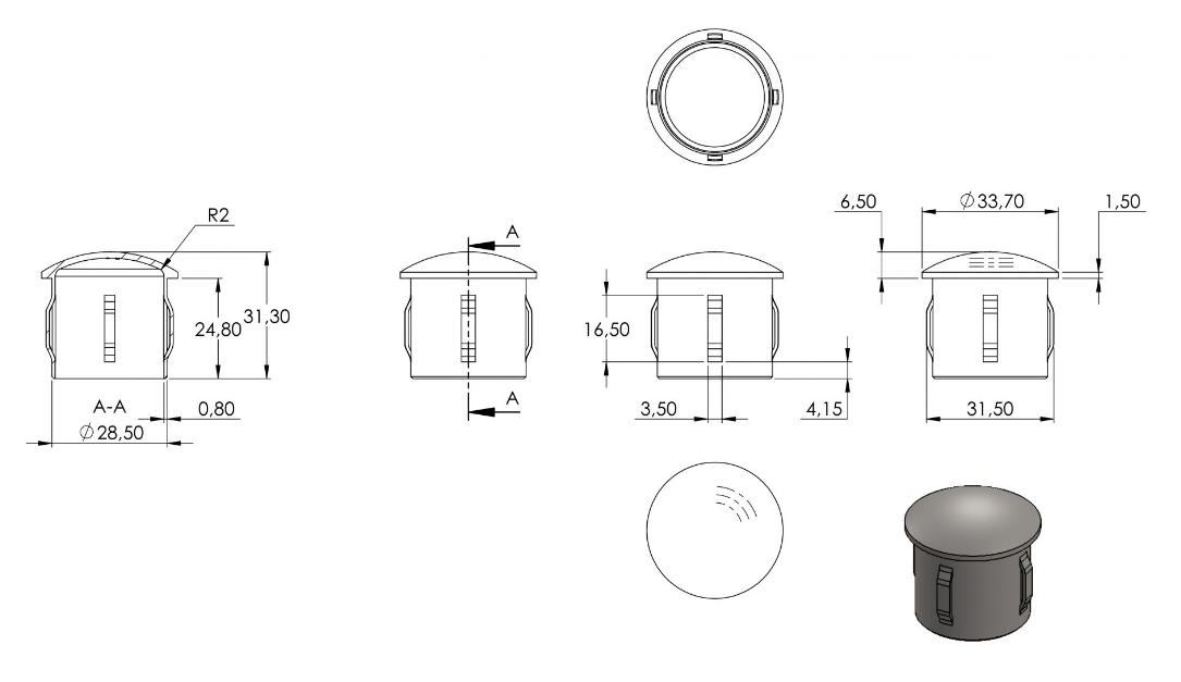Zeichnung Rohrabschlussstopfen für Rohr Ø 33,7 x 2,0 - 2,5 mm