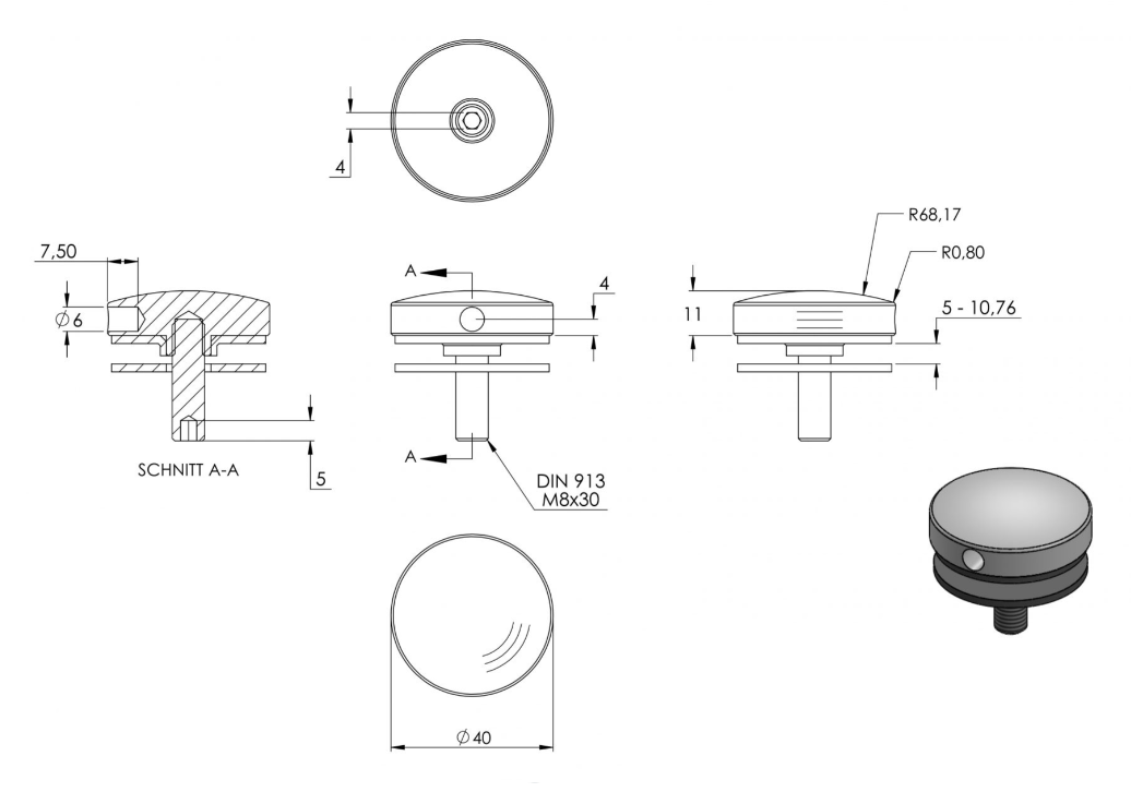BRENK-fix® Glaspunkthalter Ø 40 mm, mit Gewindestift und Gummipaar / V2A