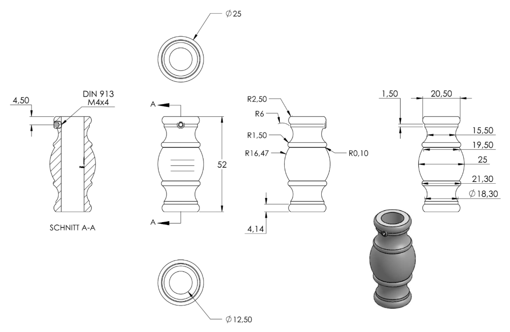 Edelstahl Zierhülse mit Durchgangsbohrung, Höhe 52 mm, V2A