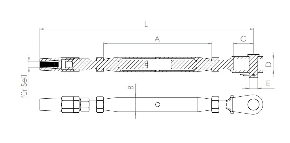 Wantenspanner Gabel / Seilhalter, mit Gewinde, V4A