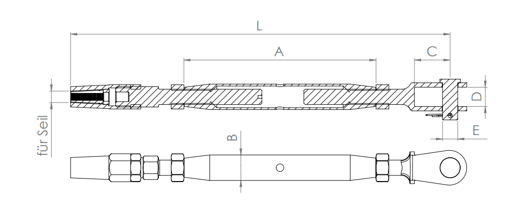 Wantenspanner Gabel / Seilhalter, mit Gewinde, V4A