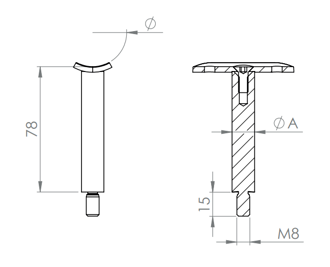 Handlaufstütze zum Schrauben, Stift mit Außengewinde M8 und Handlaufanschlussplatte, V2A
