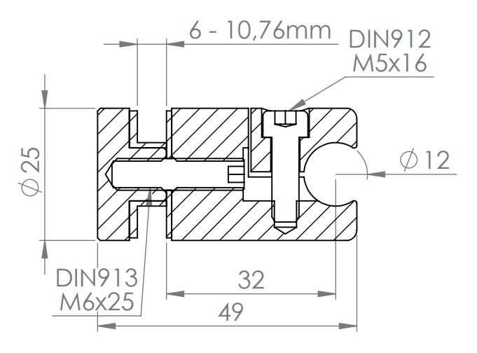 Klemmhalter mit Glaspunkthalter, zur nachträglichen Montage an Rundstab Ø 12 mm, V2A