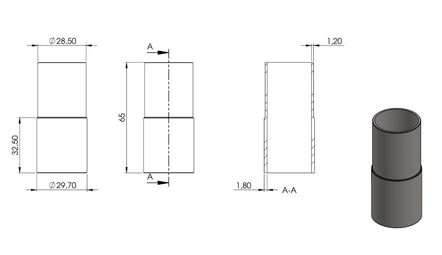 Zeichnung Verbindungshülse für Rohr Ø 33,7 x 2,5 mm auf Rohr Ø 33,7 x 2,0 mm