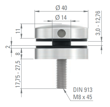 Glaspunkthalter Ø 40 mm selbst zusammenstellen, Oberteil inklusive Gummis, V2A