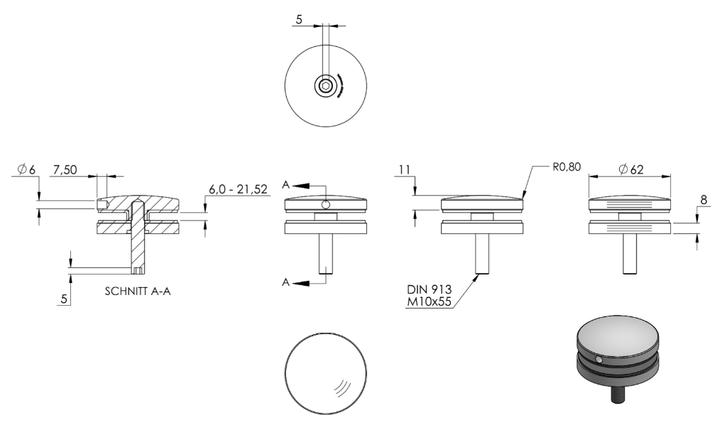 Glaspunkthalter Ø 62 mm, Klemmbereich 6.0 - 21.52 mm, V2A
