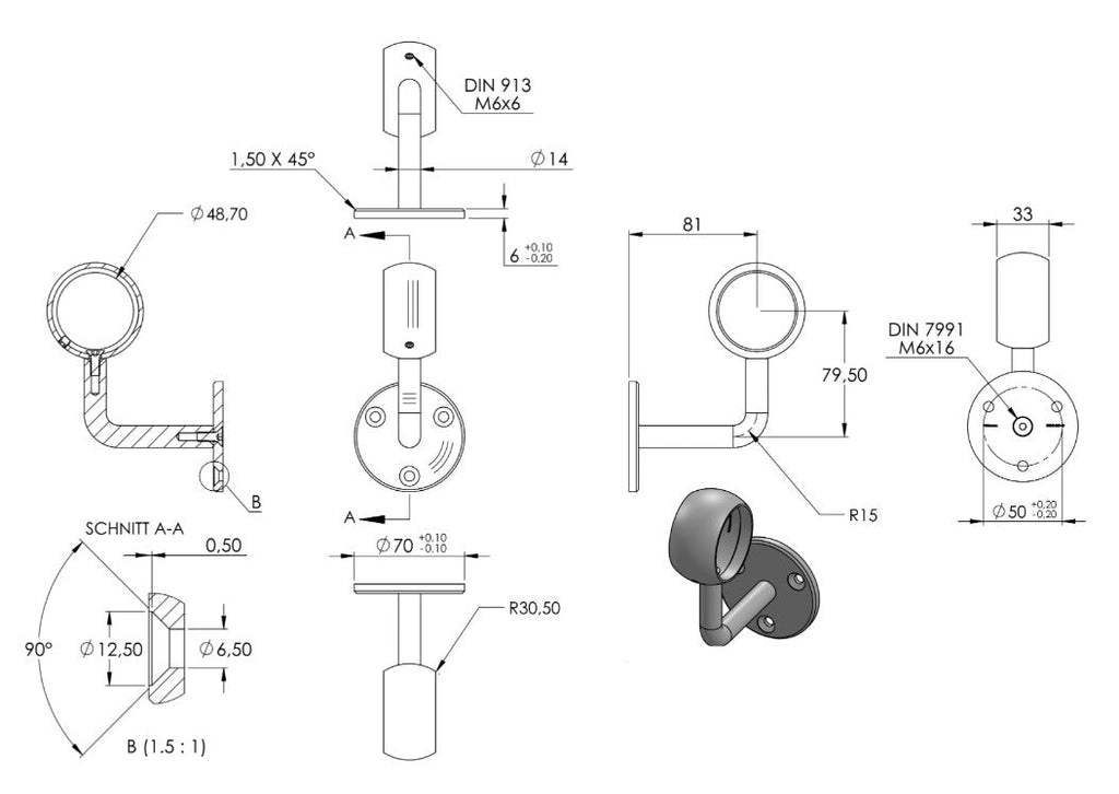 Zeichnung Handlaufhalter mit Kugelring für Handlauf Ø 48,3 mm / Bügel Ø 14 mm