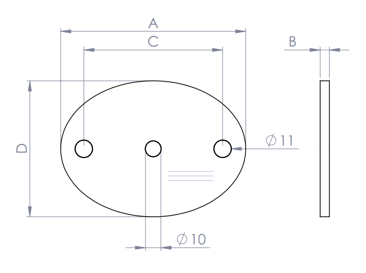 Edelstahl Ankerplatte oval mit Mittelbohrung und 2 Bohrungen, ohne Fase, Längsschliff, V2A