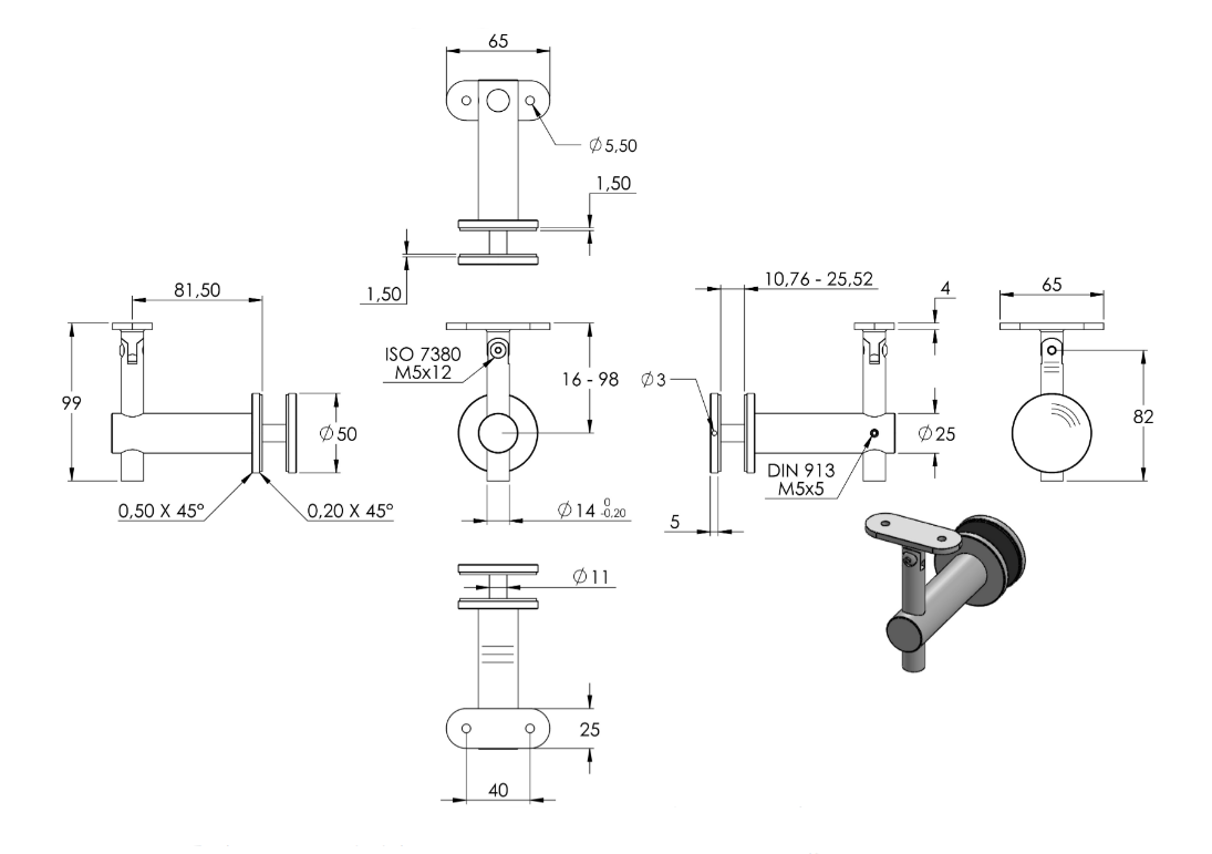 Zeichnung Handlaufhalter mit Halteplatte flach