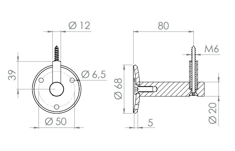 verschraubter Handlaufhalter mit Durchgangsbohrung und Holzschraube, V2A