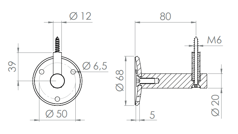 verschraubter Handlaufhalter mit Durchgangsbohrung und Holzschraube, V2A