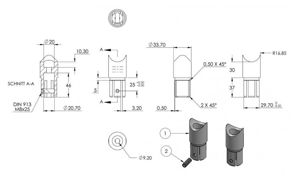 Zeichnung Anschlussstück 90° für Rohr Ø 33,7 x 2,0 mm und Rohr Ø 33,7 mm