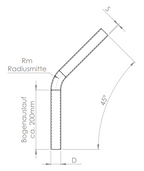 Edelstahl Rohrbogen 45° mit Bogenauslauf ca. 200 mm, V2A