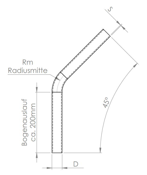 Edelstahl Rohrbogen 45° mit Bogenauslauf ca. 200 mm, V2A