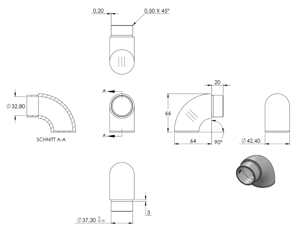 Zeichnung Rohrbogen für Rohr Ø 42,4 x 2,5 mm
