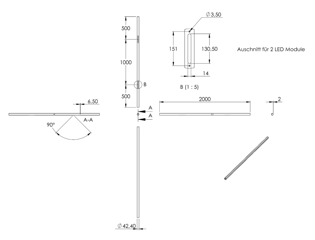 Zeichnung Handlauf Länge 2 m mit 2 Aussparungen für LED-Lichtmodule