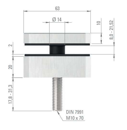 Glaspunkthalter 63 x 78 mm, Klemmbereich 8.0 x 21.52 mm,V2A